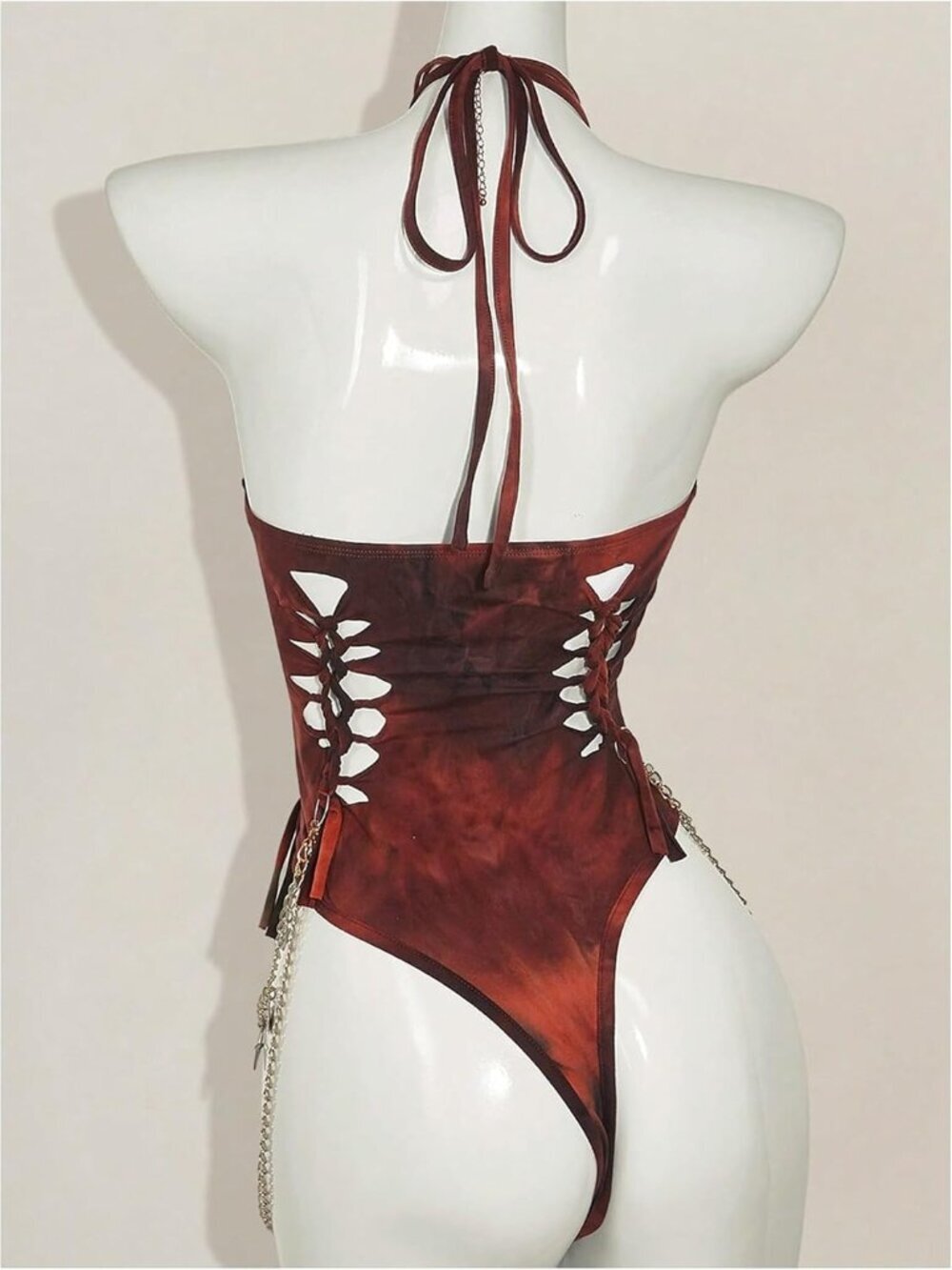 Women's Rust Brown Gothic Cut Out Lace Up Bodysuit Going Out Halter Neck Rave - Picture 3 of 5